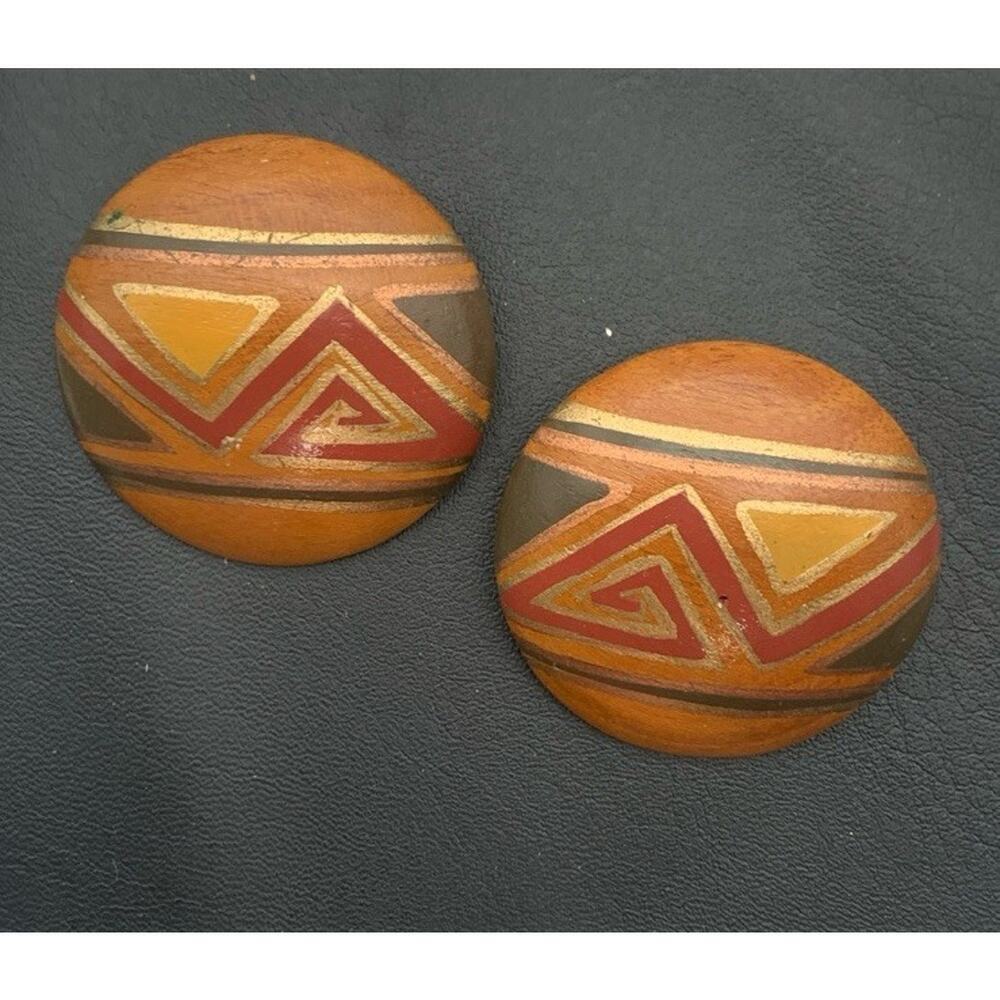 Vintage Hand Painted Large Wooden Pierced Earrings Boho Tribal
